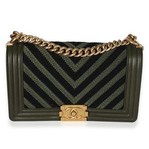 Chanel Khaki and Black Lambskin Braided Chevron Medium Boy Bag